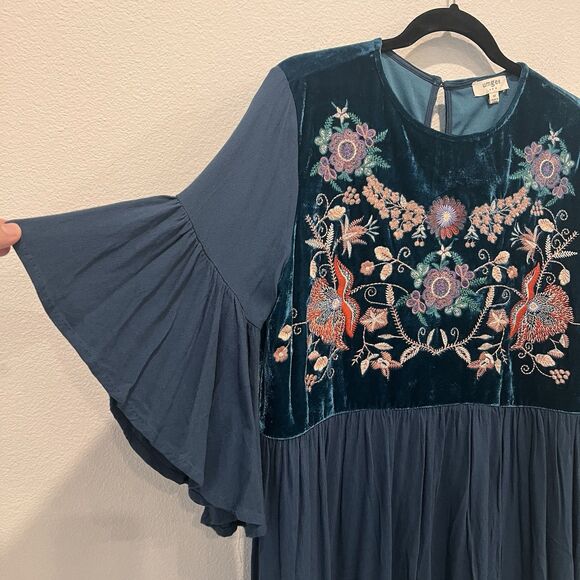 Umgee Teal Bell Sleeve Mini Dress Tunic Colorful Floral Embroidery Boho Sz M - Picture 2 of 10